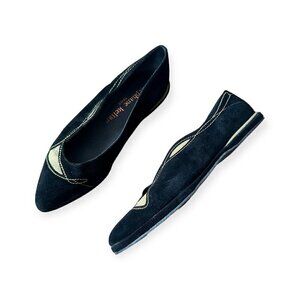 Stephane Kelian Vintage Suede Flats, Size 7.5 US, Black, Gold, 90s